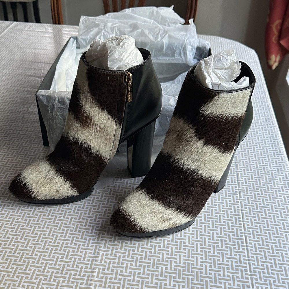 Striped Brown and White Haircalf Ankle Booties - Chic Block Heel